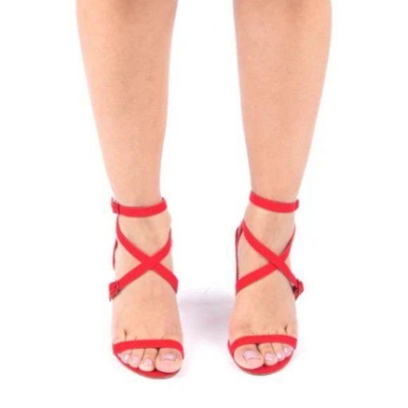 Strappy Faux Suede Block Heels in Red - Picture 8 of 9